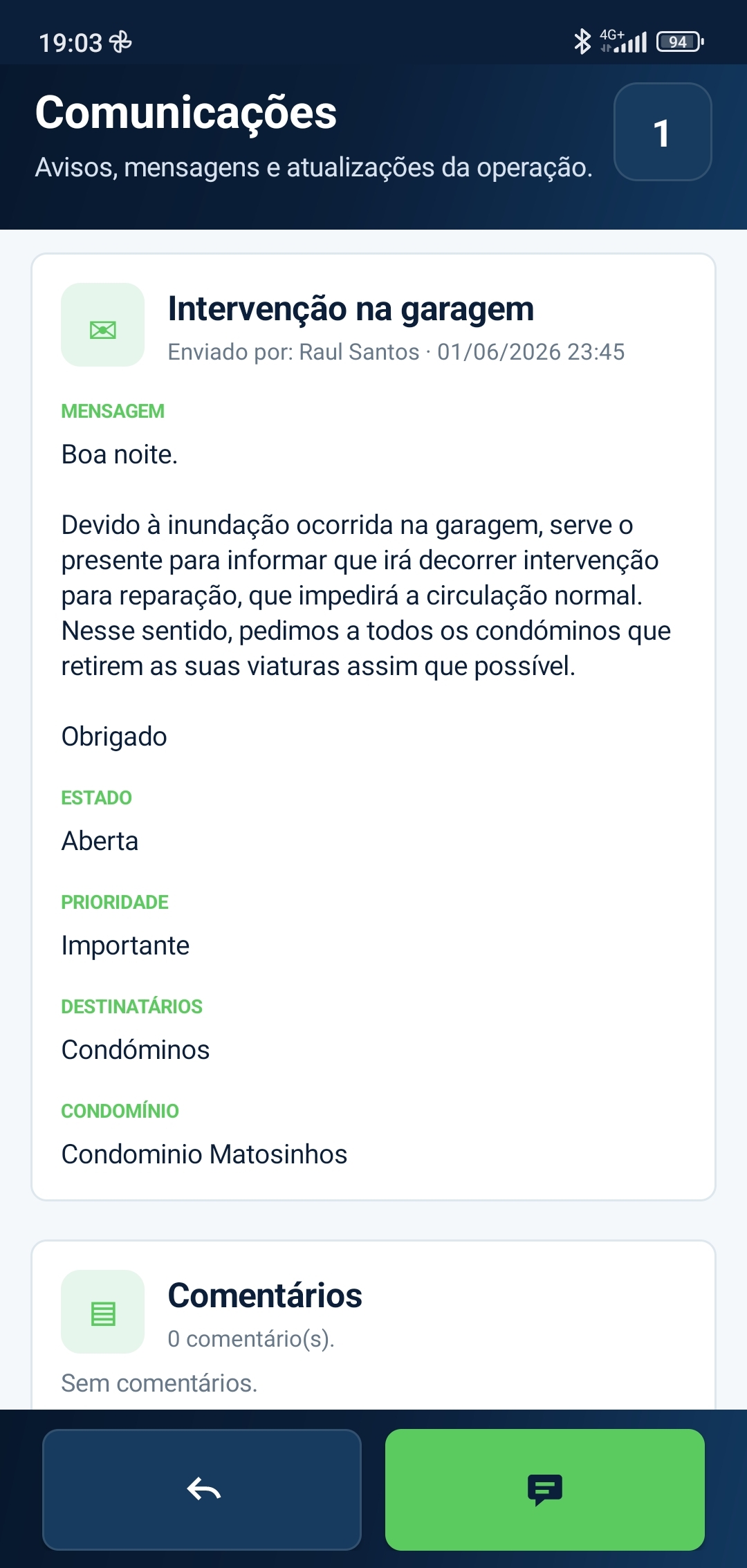 Comunicação real enviada a condóminos