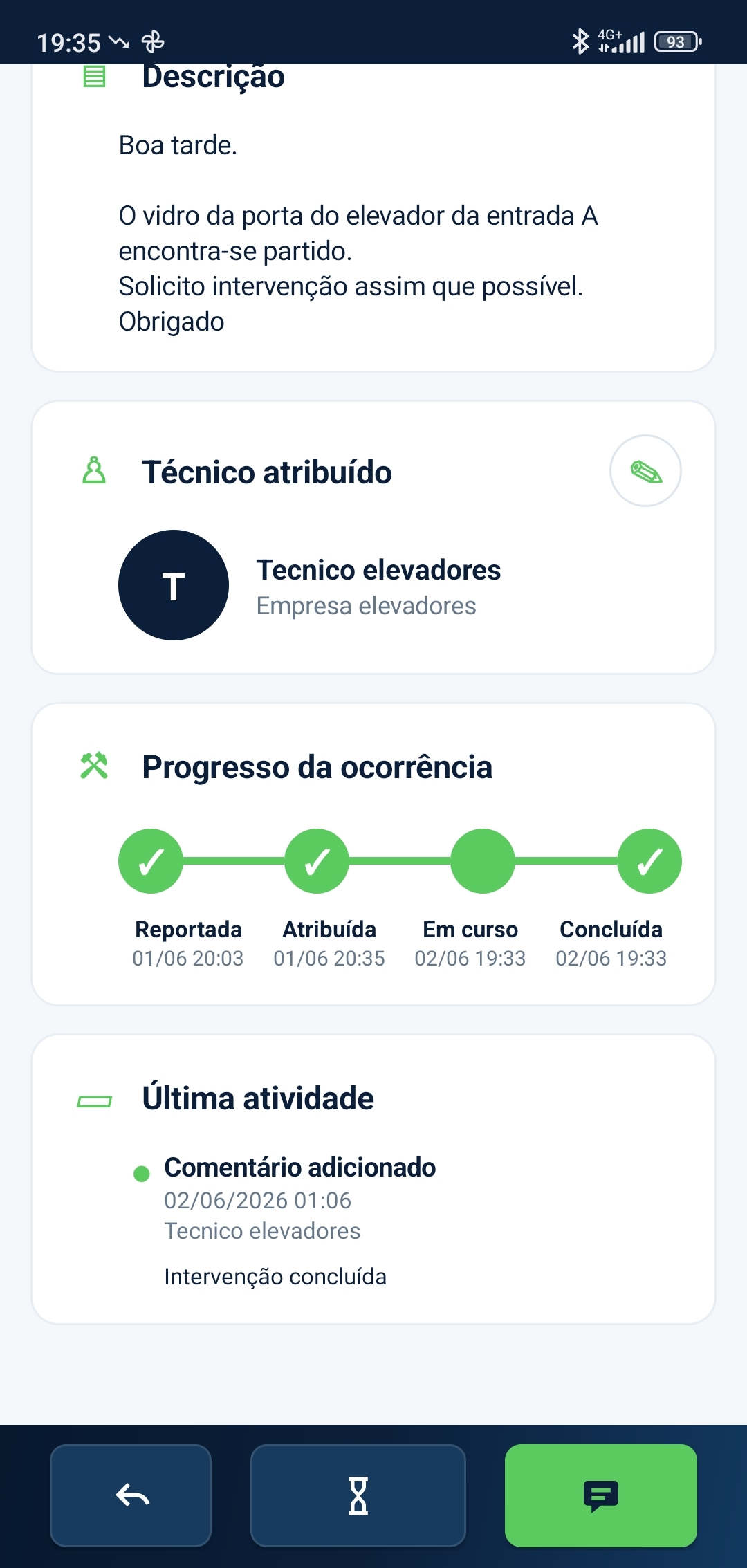 Ocorrência com progresso e técnico atribuído