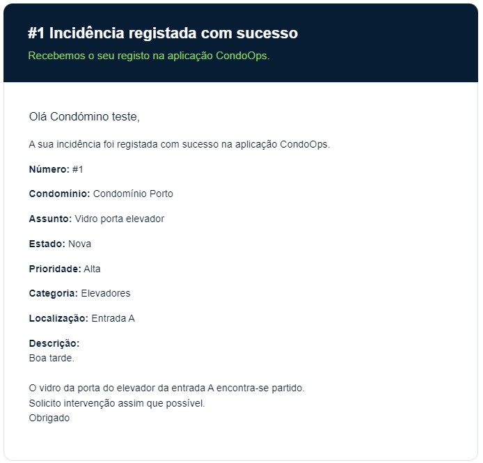 Email automático de incidência registada
